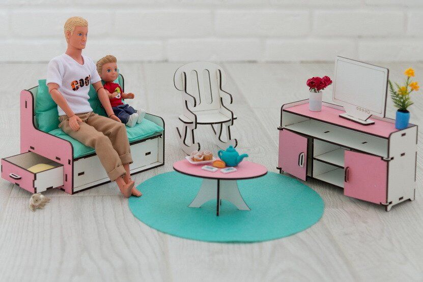 "Вітальня" набір лялькових меблів NestWood для Барбі, біло-рожева