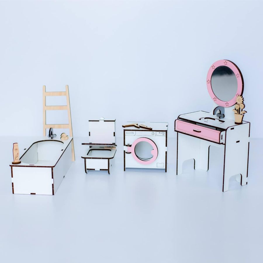 "Ванная New" набор кукольной мебели NestWood для Барби, бело-розовая