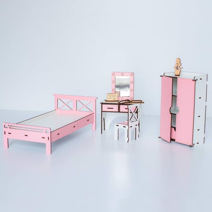 "Спальня New" набір лялькових меблів NestWood для Барбі біло-рожева