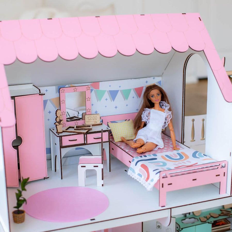 "Спальня New" набір лялькових меблів NestWood для Барбі біло-рожева