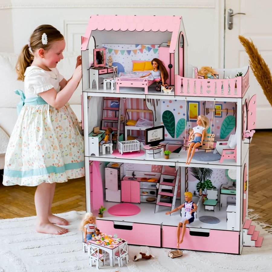 ЛЮКС кукольный домик NestWood для Барби розовый