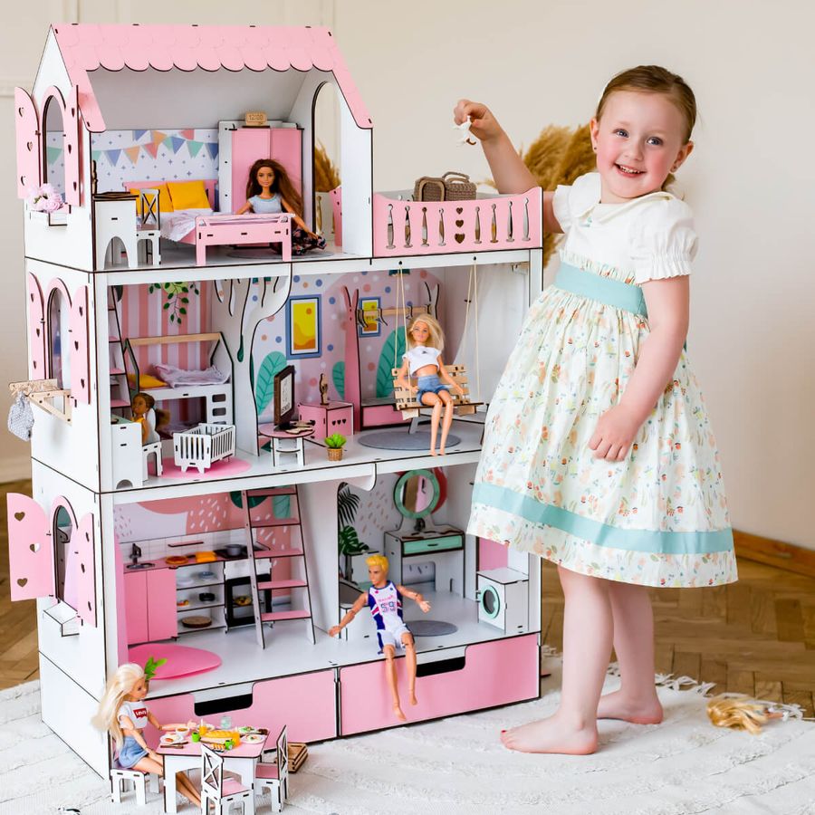 ЛЮКС кукольный домик NestWood для Барби розовый