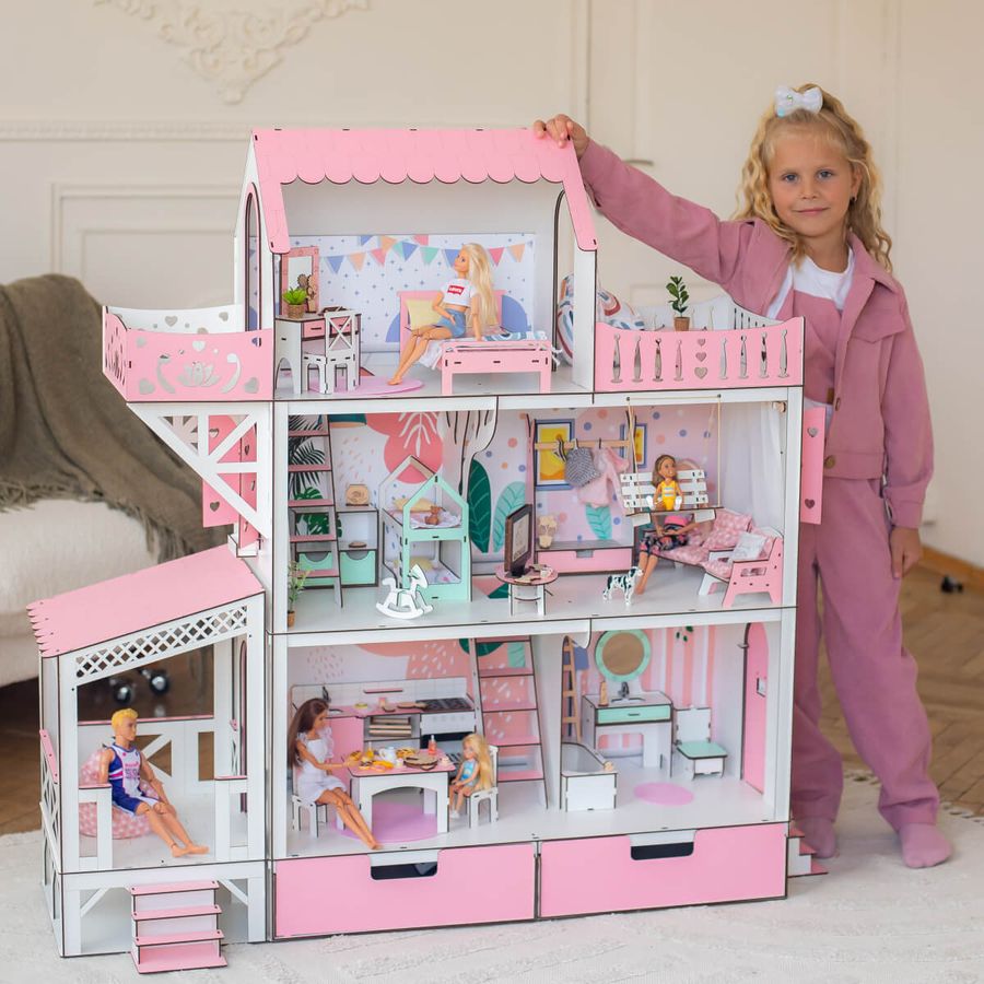 ЛЮКС терраса+балкон кукольный домик NestWood для Барби, розовый