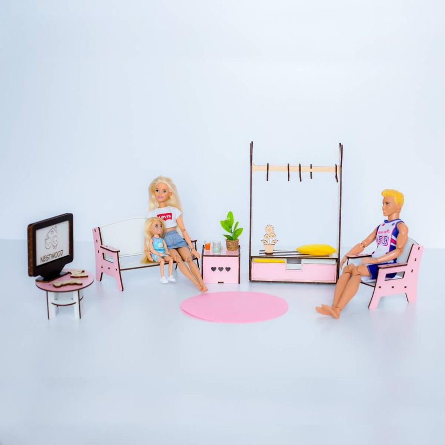 "Вітальня New" набір лялькової меблів NestWood для Барбі рожевий