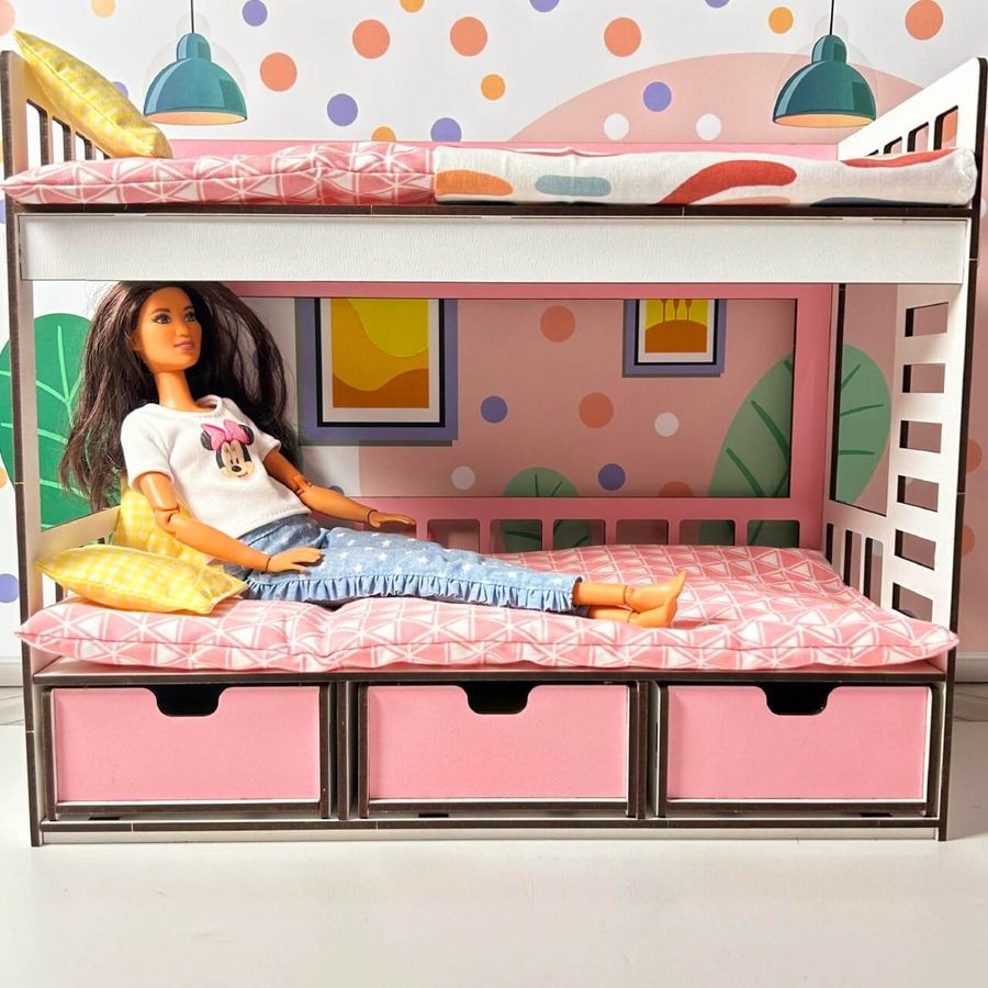 Двухъярусная кровать New для Барби с выдвижными ящиками NestWood бело-розовая