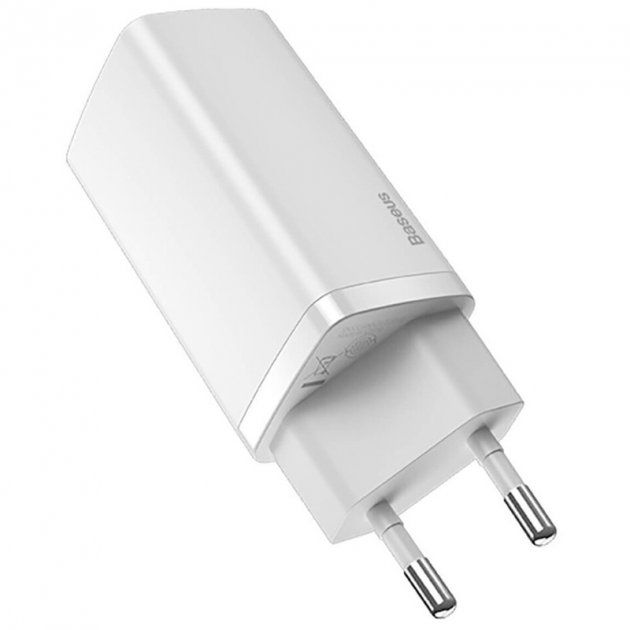 Блок живлення Baseus GaN Quick Charger 65W white Type-С+USB для заряджання ноутбуків, смартфонів, планшетів