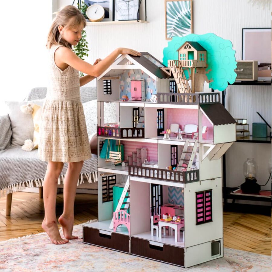 Большой набор "Дом Приключений венге для LOL" кукольный домик NestWood с мебелью и аксессуарами
