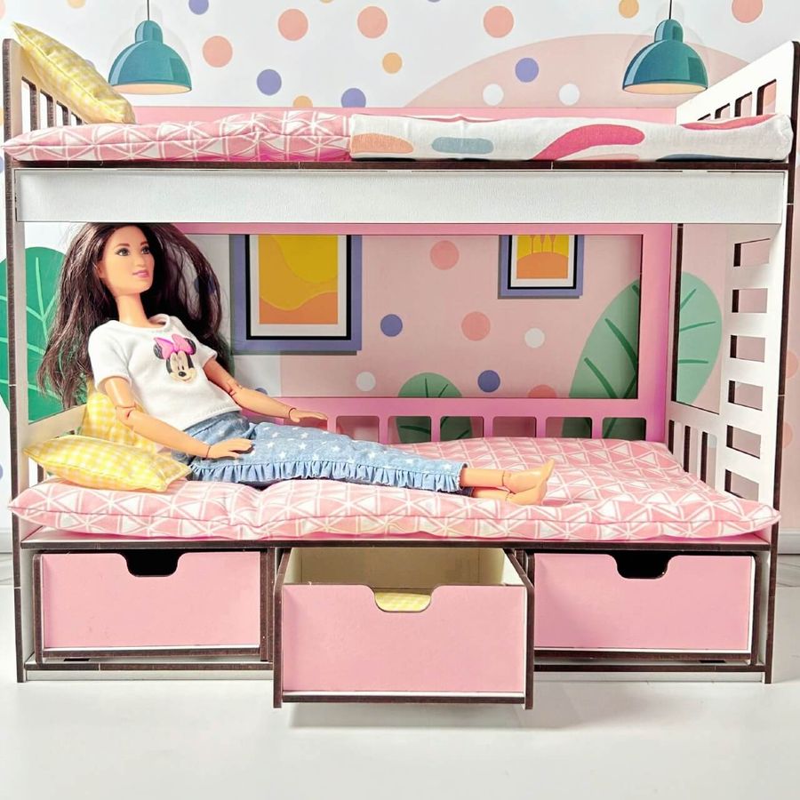 Набір постільної білизни і двох'ярусне ліжко для Барбі з висувними ящиками