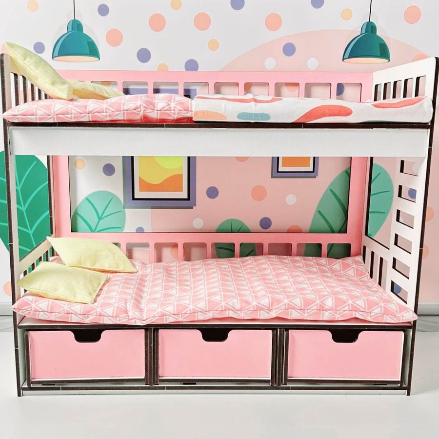 Набор постельного белья и двухъярусная кровать для Барби с выдвижными ящиками