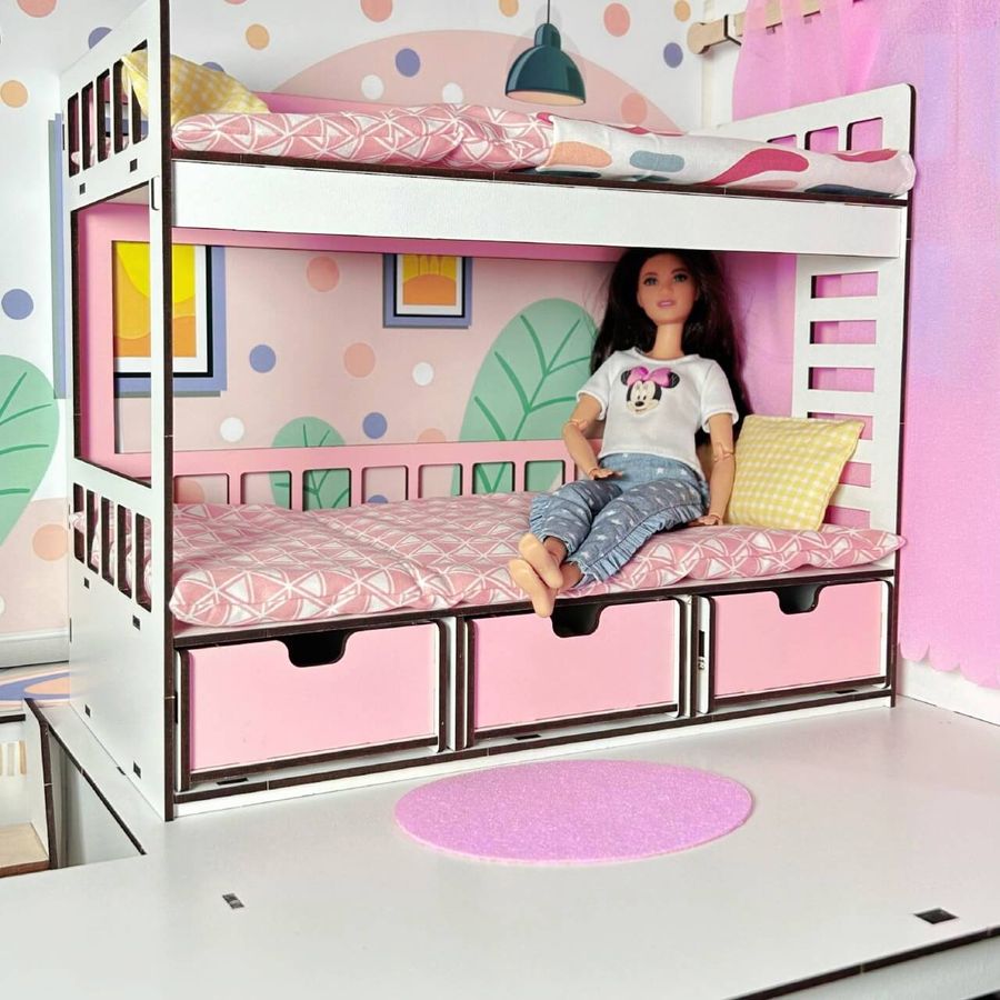 Набор постельного белья и двухъярусная кровать для Барби с выдвижными ящиками