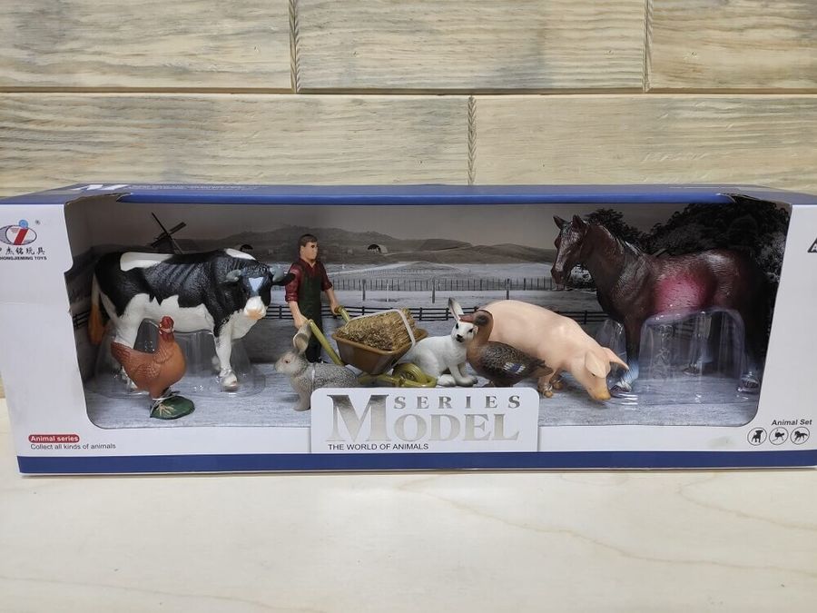 Набор животных "Ферма" Series Model Q 9899-U9-2 (лошадь коричневая, свинья, корова, зайцы, мужчина с тачкой)