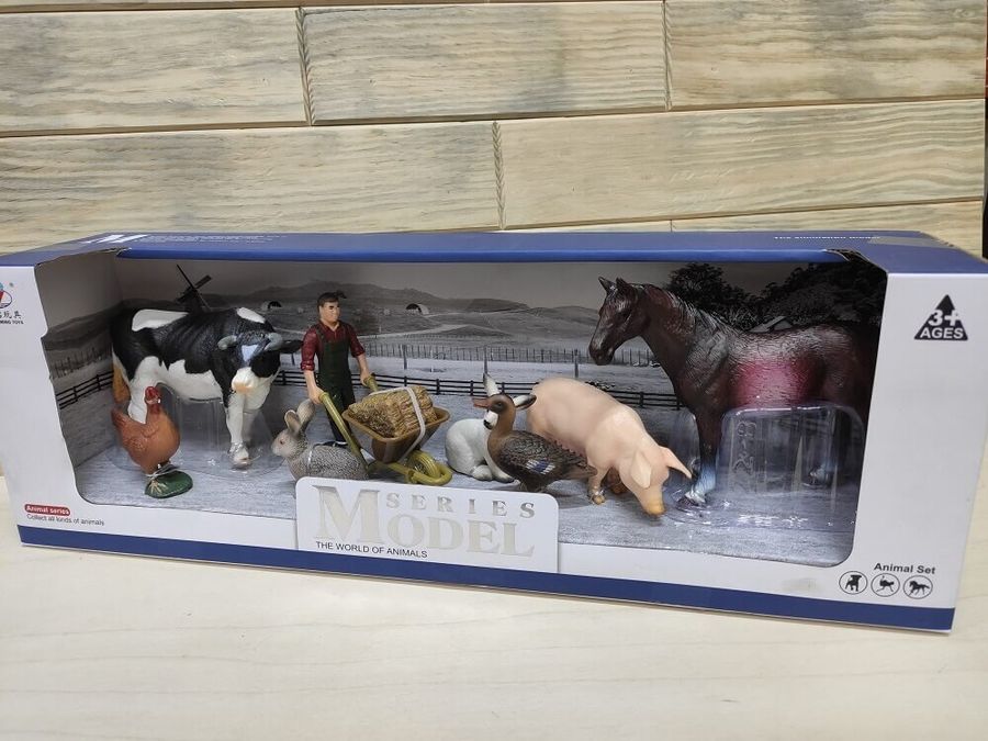 Набір тварин "Ферма" Q 9899-U9-2 (кінь коричнева, свиня, корова, зайці, чоловік з візком)