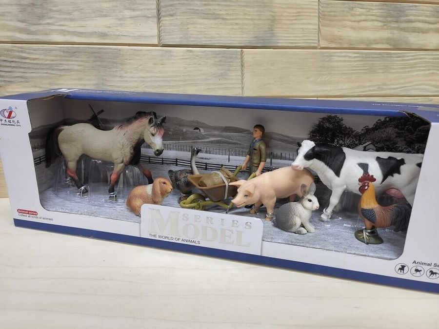 Набор животных "Ферма" Series Model Q 9899-U9-1 (лошадь серая, свинья, корова, зайцы, мужчина с тачкой)