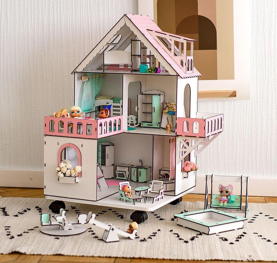 МИНИ КОТТЕДЖ кукольный домик NestWood для LOL на подставке с колесами, розовый + мебель 9ед