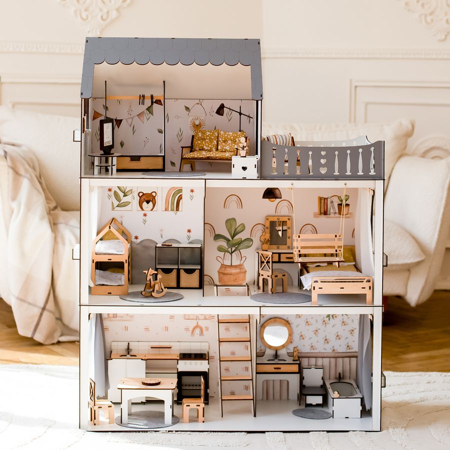 Большой набор "Люкс Лайт Eco" кукольный домик NestWood с мебелью и аксессуарами