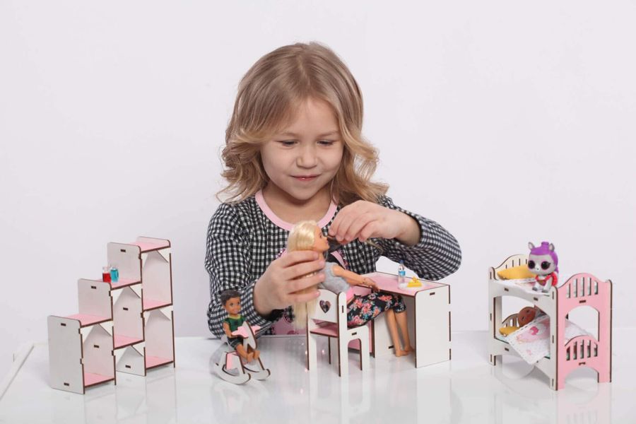"Детская" набор кукольной мебели NestWood для Барби, бело-розовая